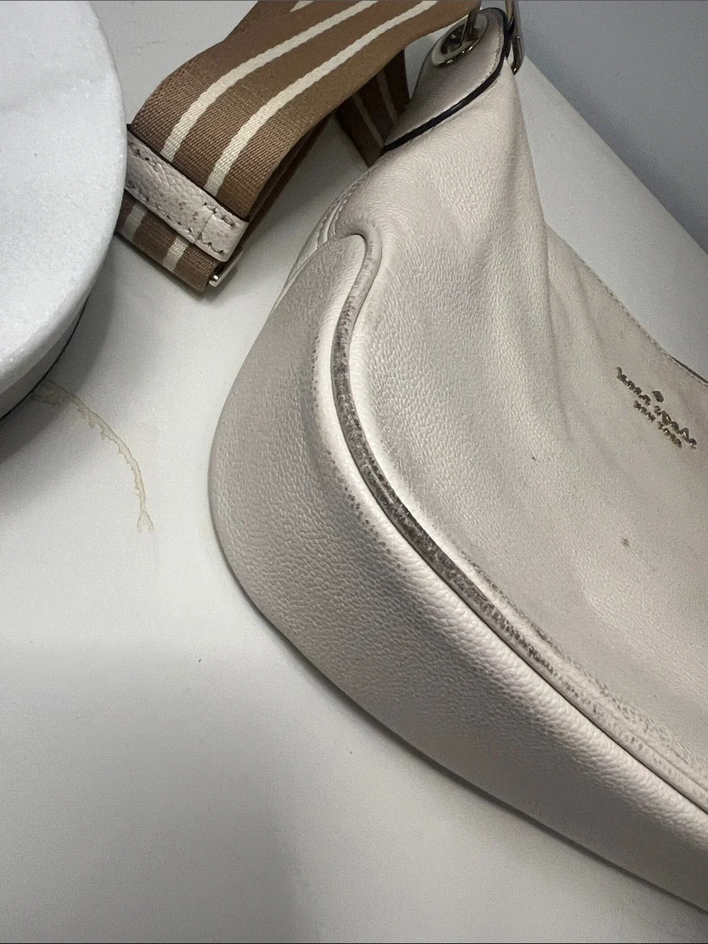 kate spade Cream Leather Crossbody with Striped Tan Strap